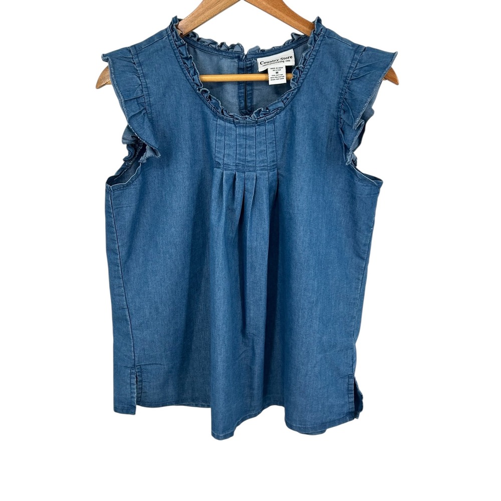 Country Store Denim Chambray Ruffle Neck Sleeveless Top‎ Women Medium